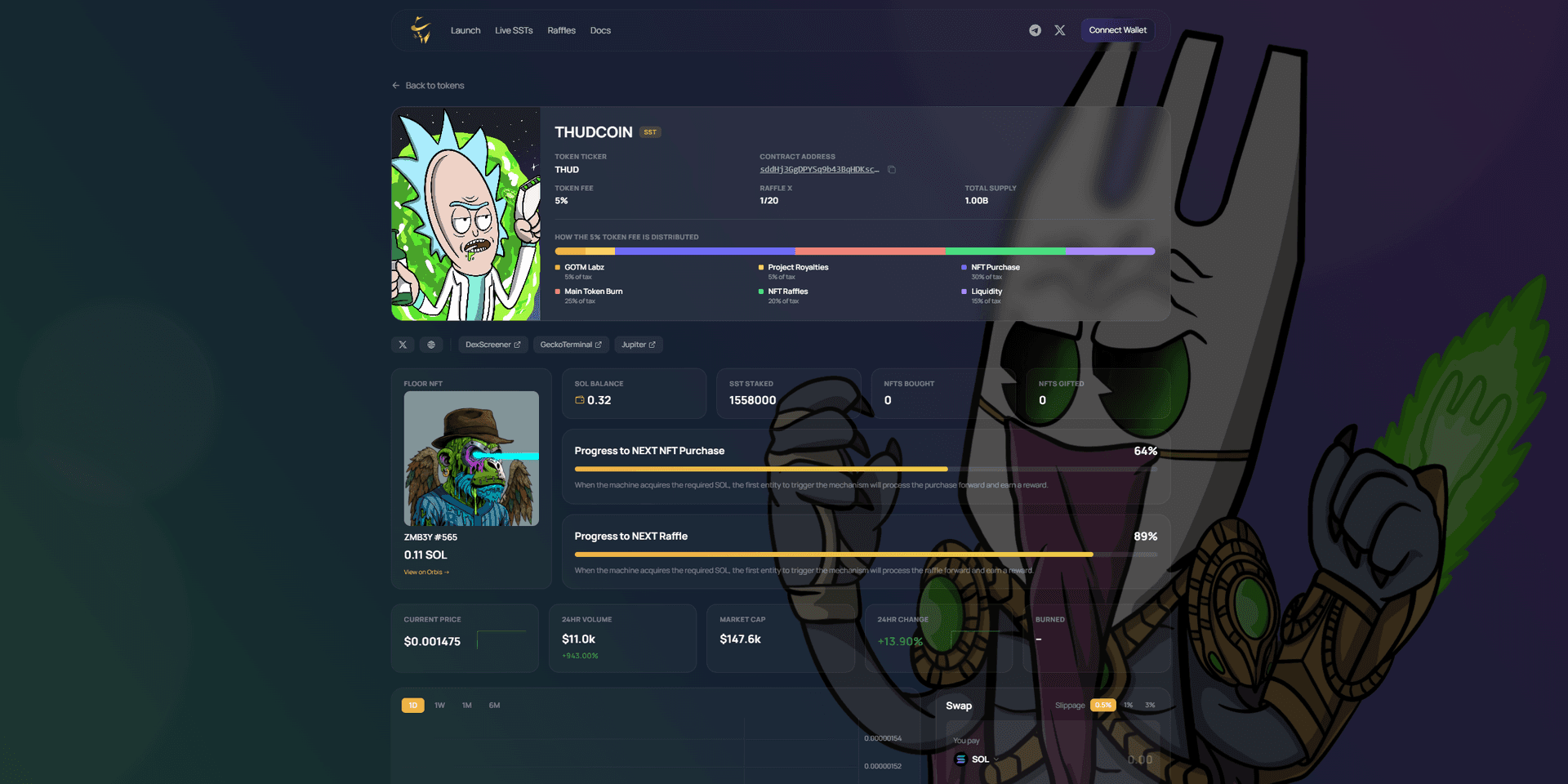 Sol Strategy token dashboard showing tax distribution across buyback, royalties, raffles, and liquidity