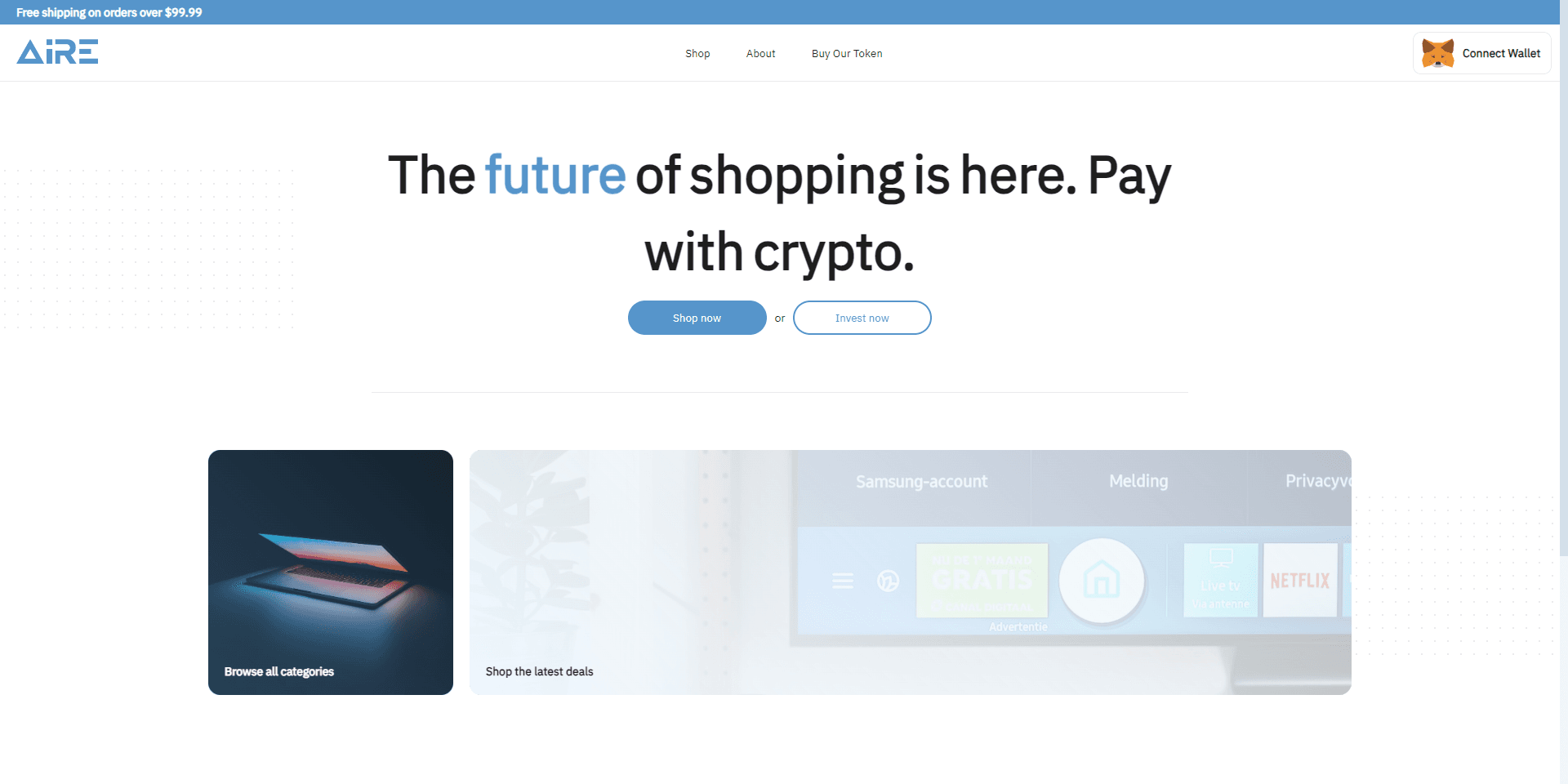Aire landing page hero section for a cryptocurrency item shop