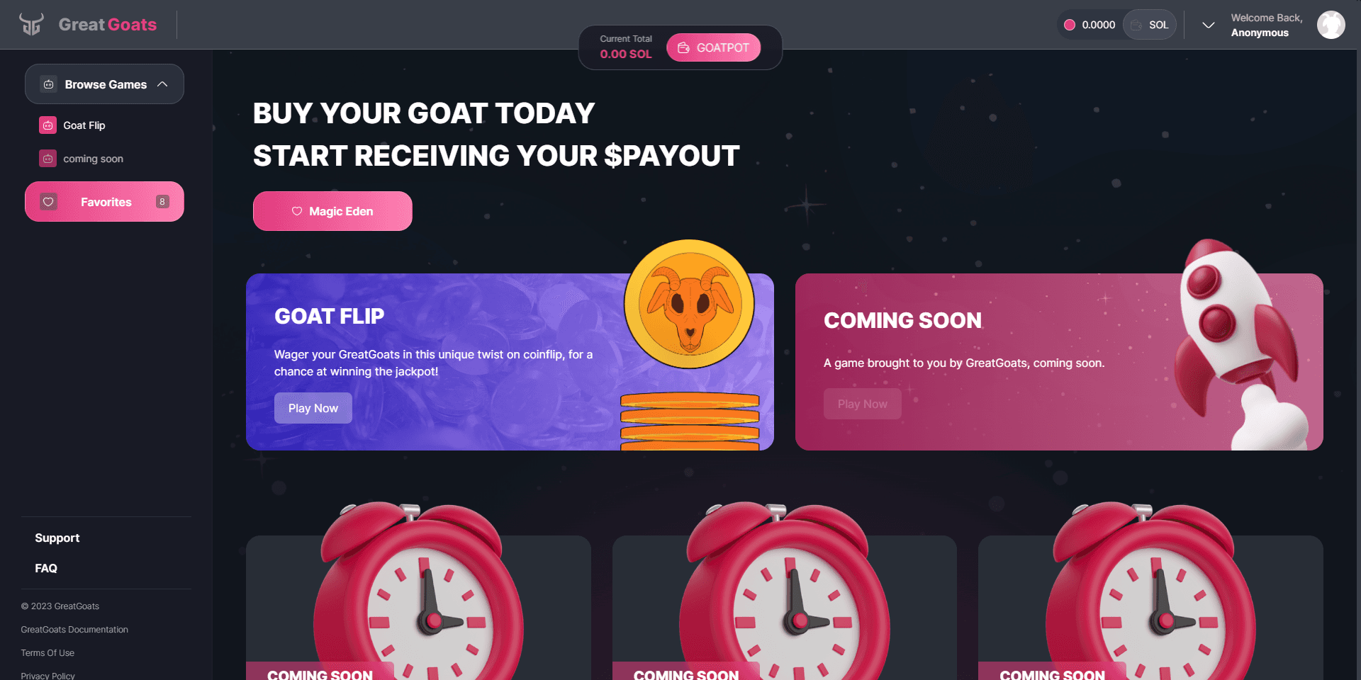 Great Goats coin flip game showing open wagers and match history