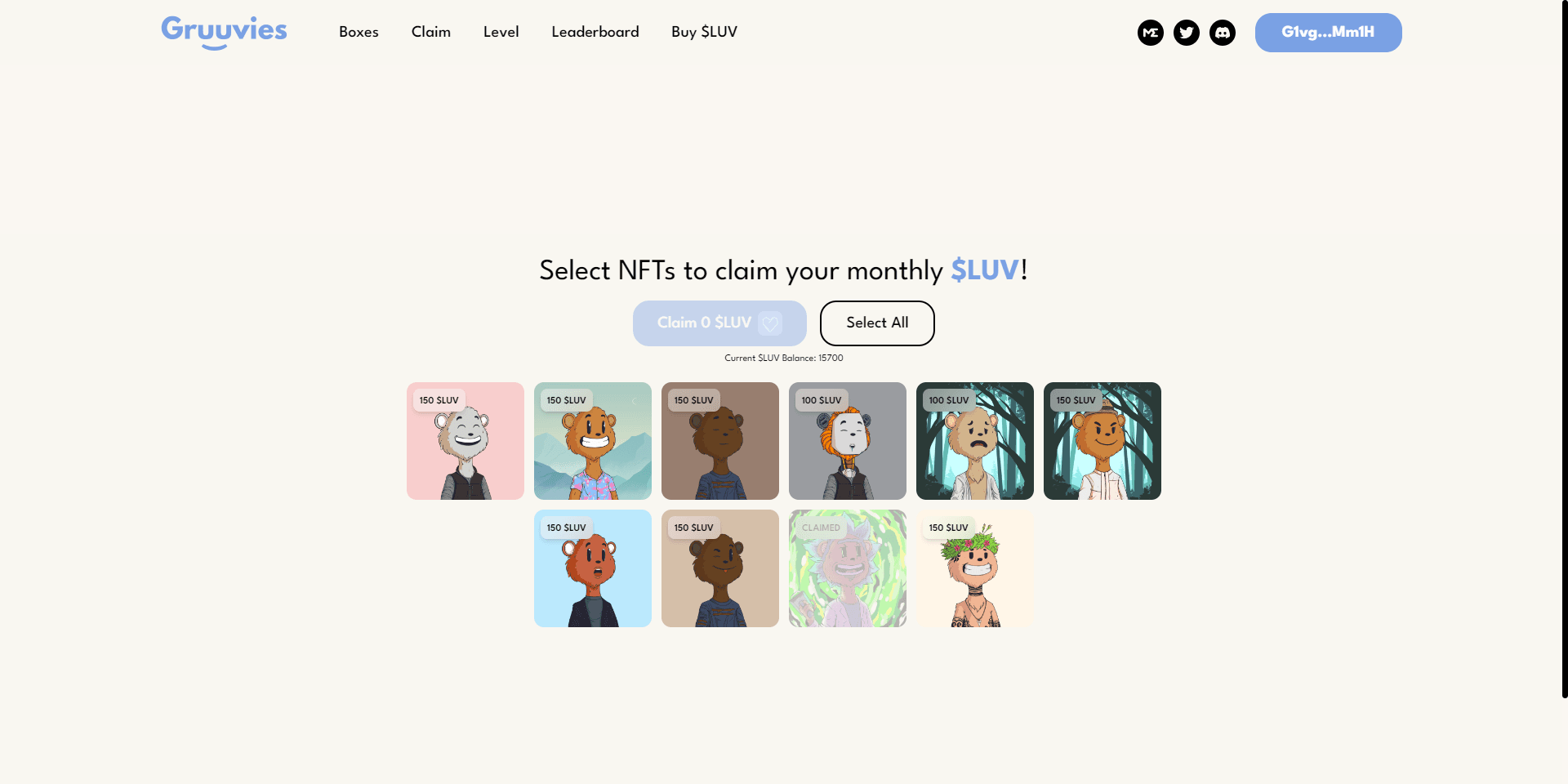 Gruuvies Claim portal listing eligible NFTs and the tokens available to claim