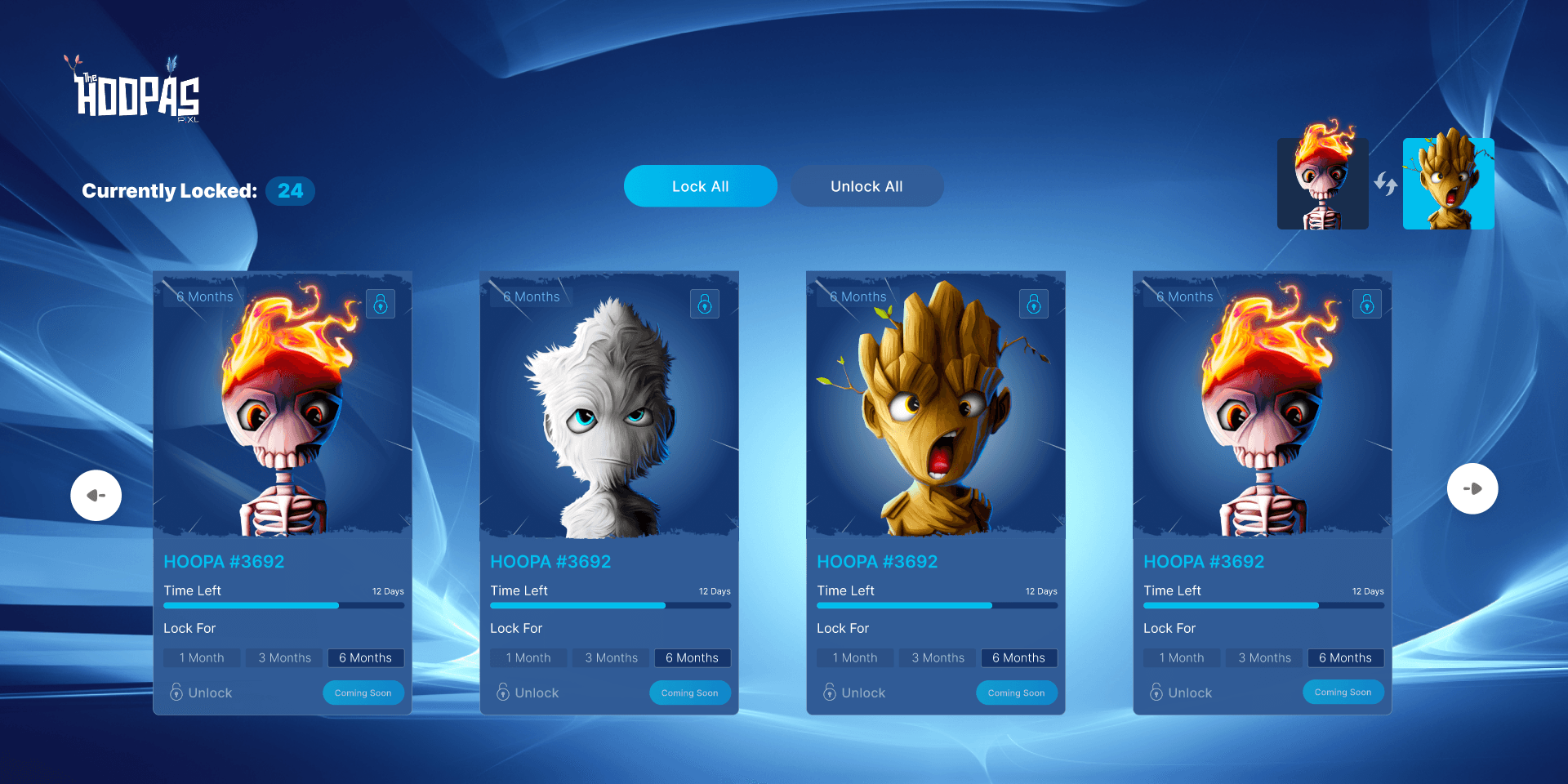 Hoopas Staking interface with a selectable grid of NFTs from a connected wallet