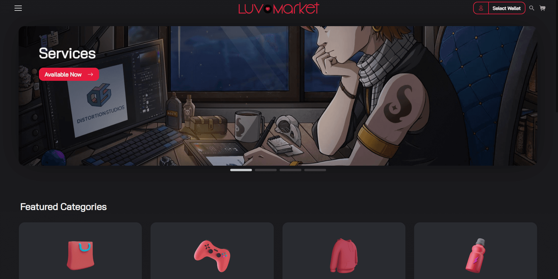 LUV Market storefront showing a featured services banner and a grid of product categories
