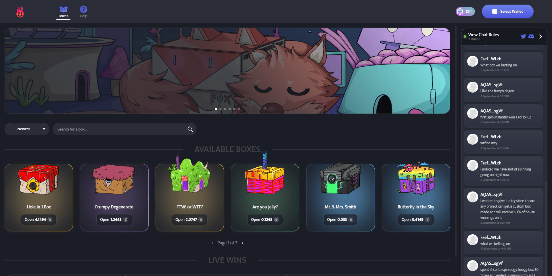 Lootbyte loot box interface showing available boxes and prize odds