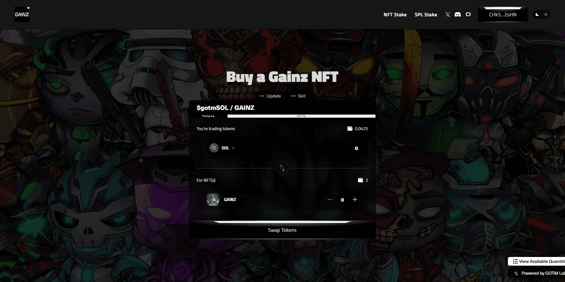 NFT and token swap interface showing a pricing curve