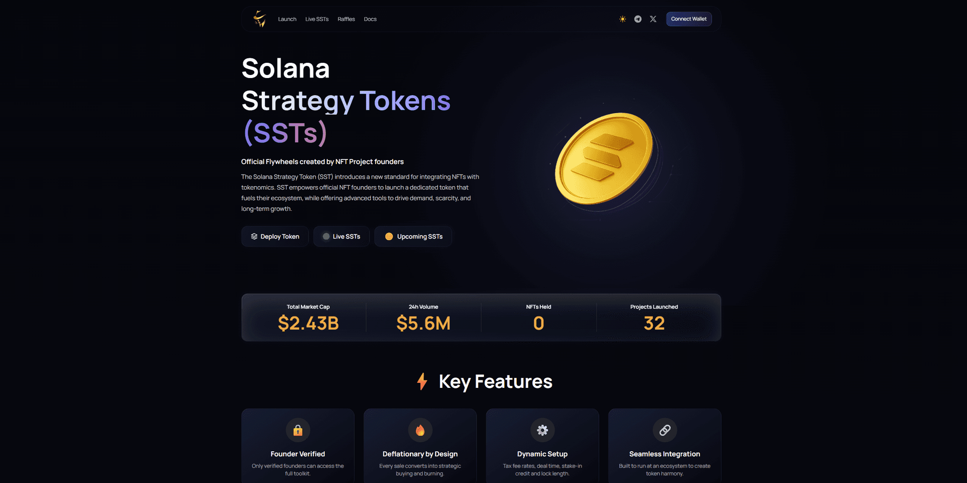 Sol Strategy launchpad landing page showing total market cap, volume, and projects launched