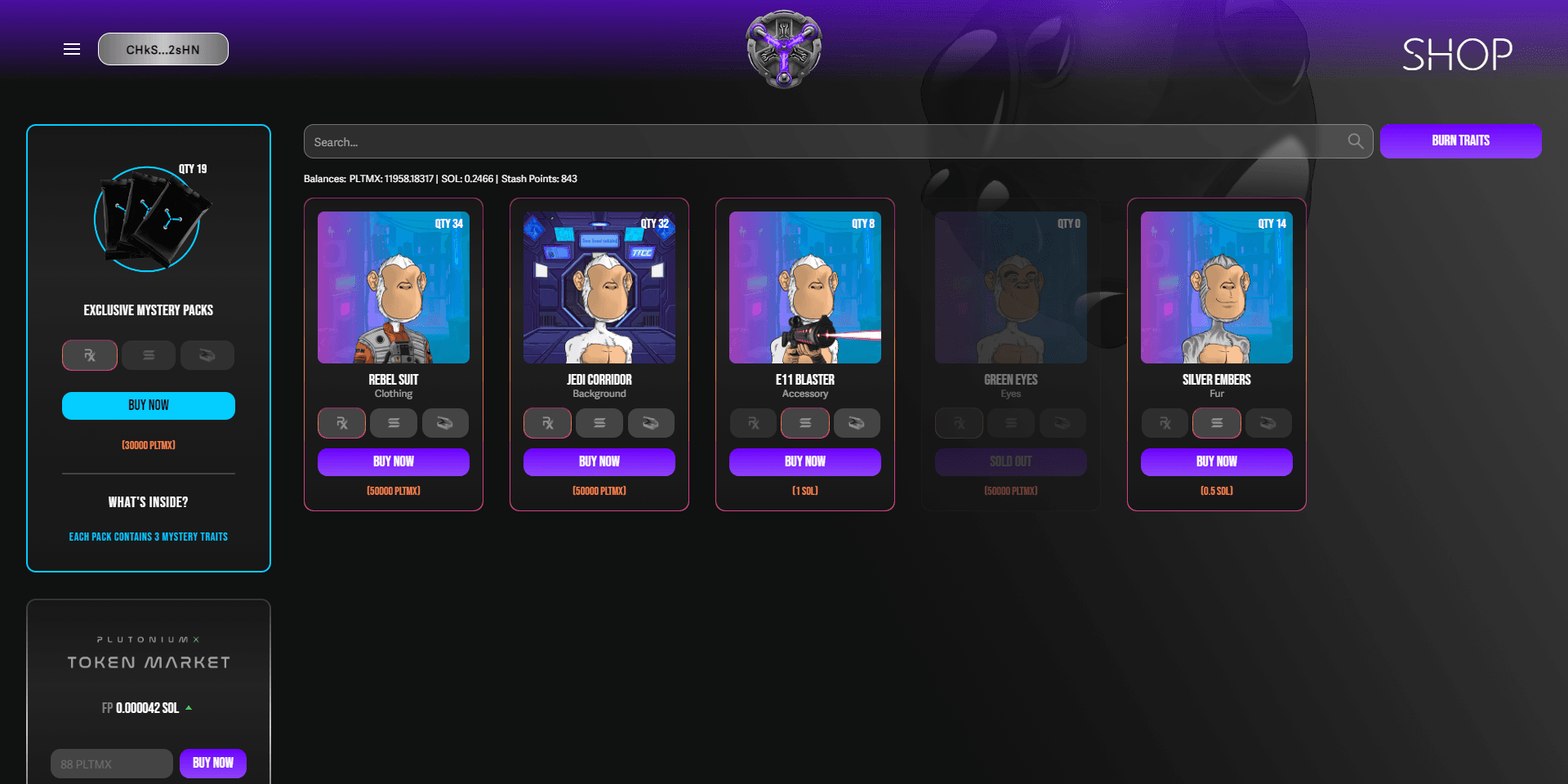 TTCC Shop interface displaying purchasable NFT traits and token balances