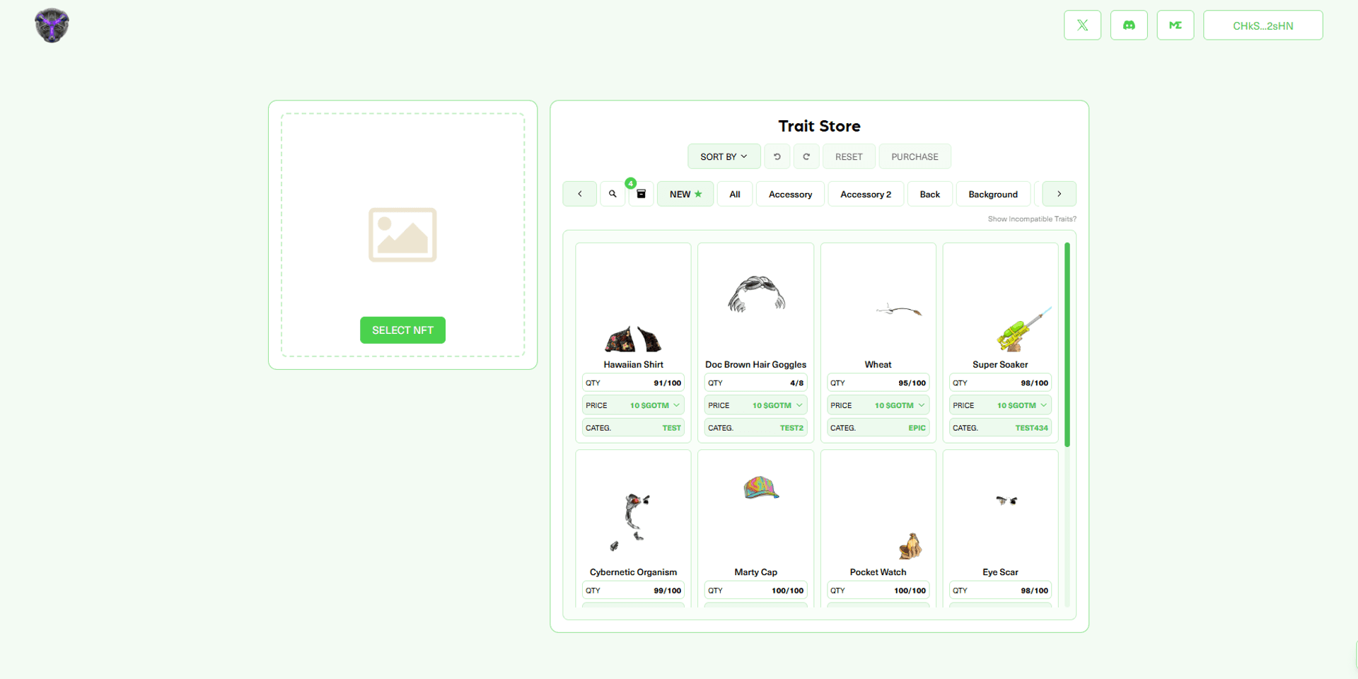 NFT Trait Store showing purchasable traits and a live artwork preview
